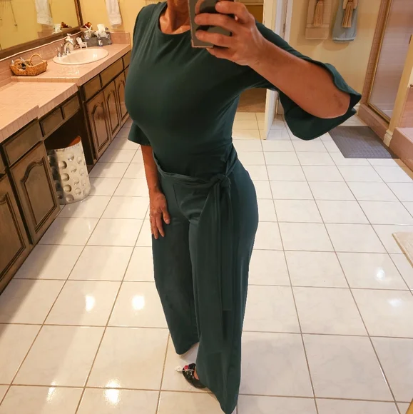 Womens Medium half sleeve Belted green one piece pants jumpsuit - Picture 3 of 9
